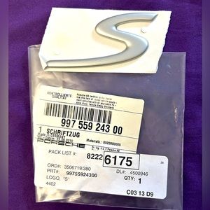 PORSCHE OEM DESiGN “ S “ SiLVER MATTE 2 iNCHES x 3 1/2 iNCHES EMBLEM DECAL 🚘🏁